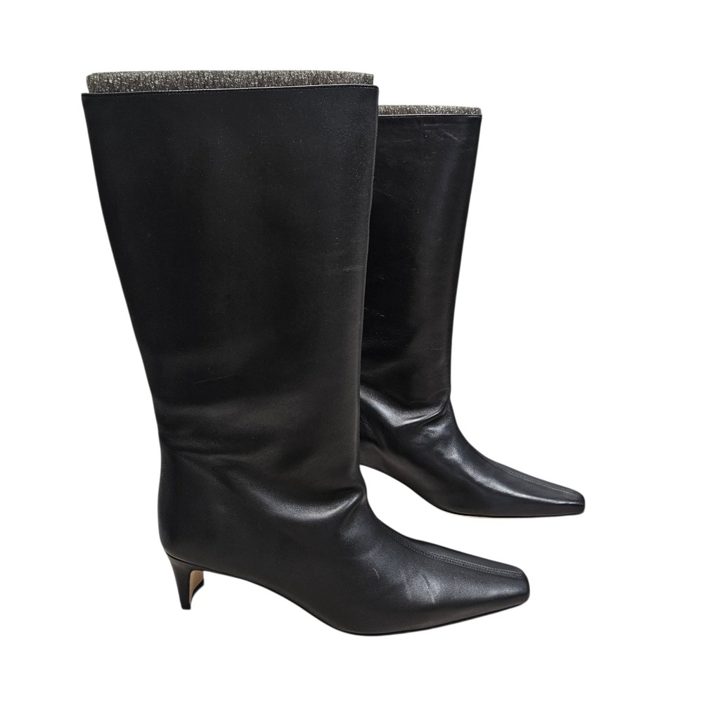 STAUD Wally Mid Calf Boots‎ 41 Black Leather Pointed Toe Kitten Heel Minimalist